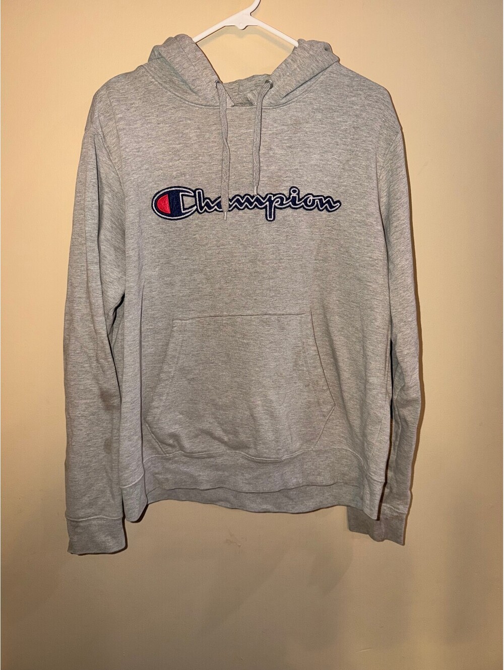 Champion Hoodie Mens Medium Heather Gray Embroidered Logo Pullover Sweatshirt